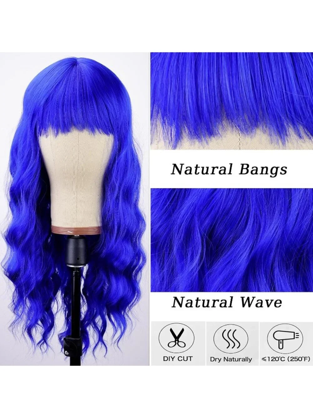 Women's Blue 26 Inch Natural Looking Synthetic Fiber Long Wavy Wigs Bangs